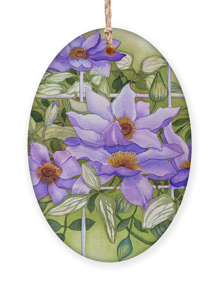 Flowers On Trellis Ornament featuring the painting Purple Clematis Jackmanii On White Trellis by Deborah League