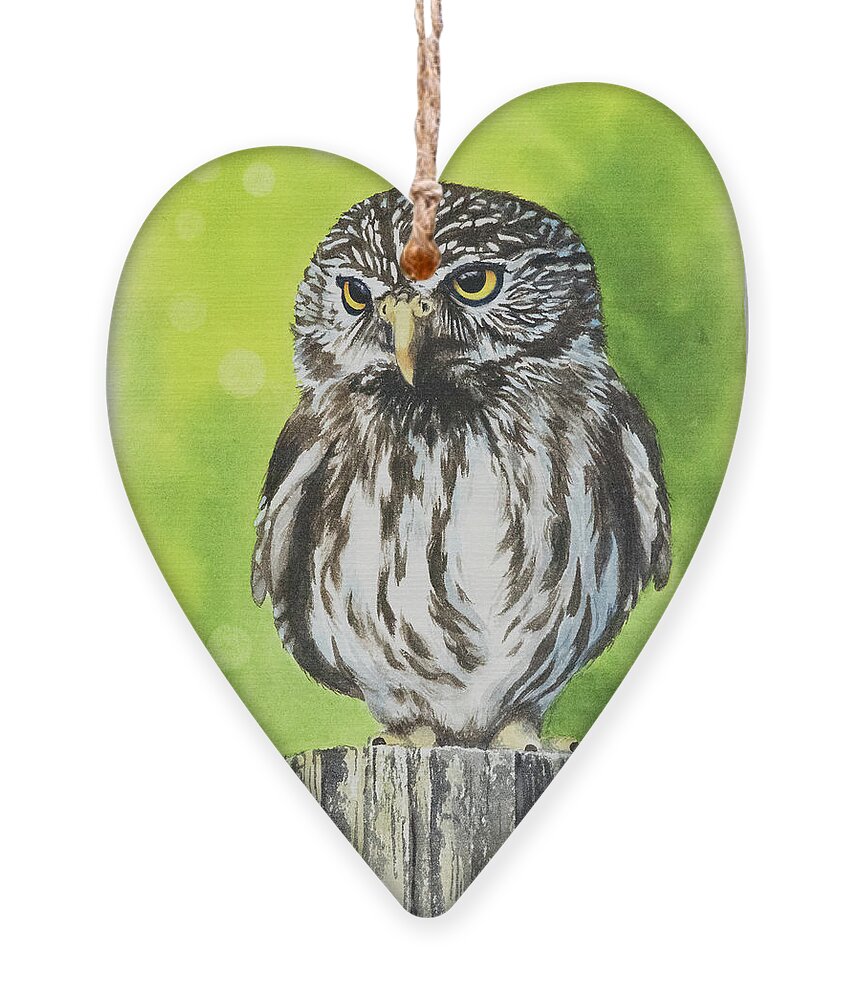 Nature Ornament featuring the painting Pygmy Owl by Linda Shannon Morgan