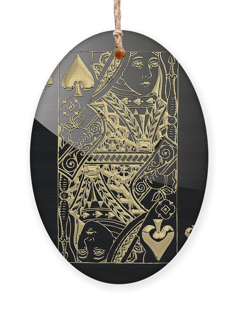 'gamble' Collection By Serge Averbukh Ornament featuring the digital art Queen of Spades in Gold on Black  by Serge Averbukh