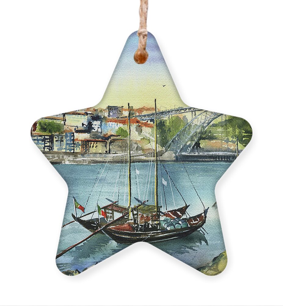 Portugal Ornament featuring the painting Rabelo Boats in Porto by Dora Hathazi Mendes