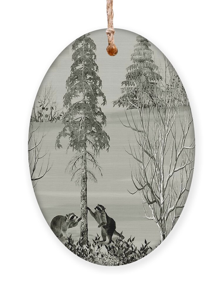 Raccoon Ornament featuring the mixed media Raccoons in the Wild Winter Forest by David Dehner