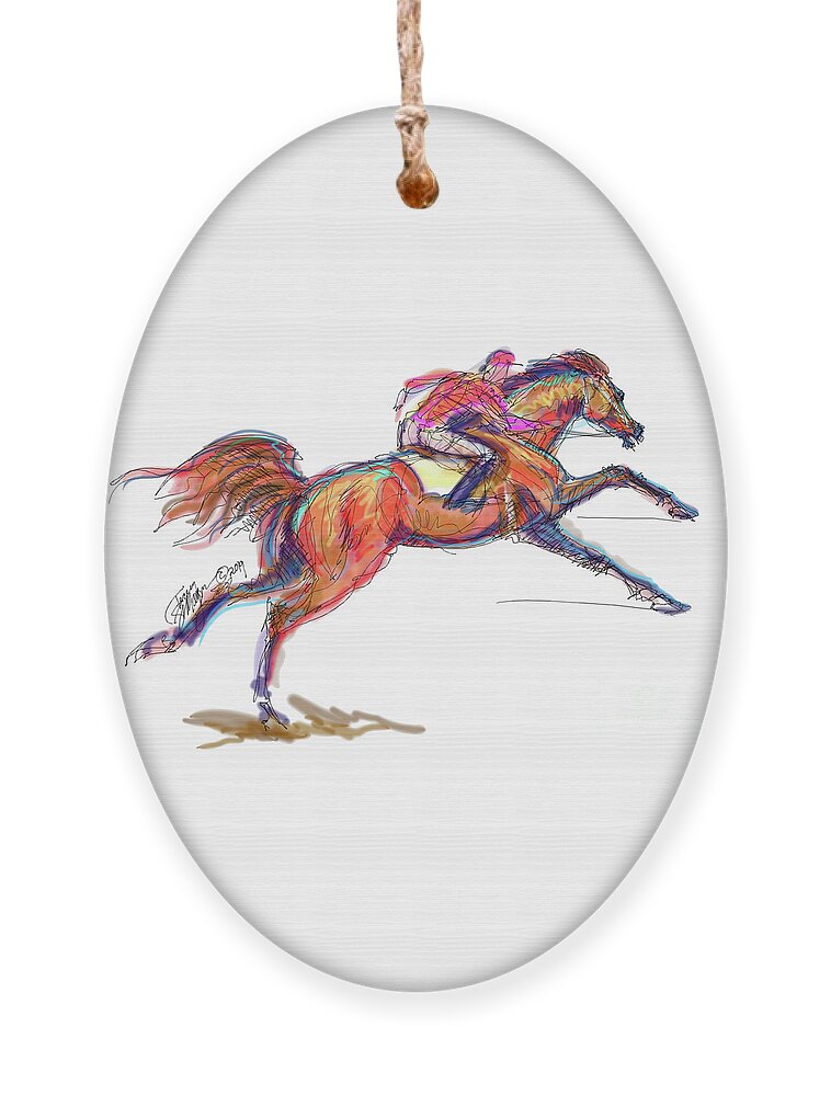 Thoroughbreds; Racehorses; Racing; Horse Race; Jockey; Degas; Contemporary Art; Contemporary Equine Art; Modern Equine Art; Equine Art Cards; Equine Art Gifts; Racehorse Gifts; Race Horse Mugs Ornament featuring the digital art Race Horse for Julie June Stewart by Stacey Mayer