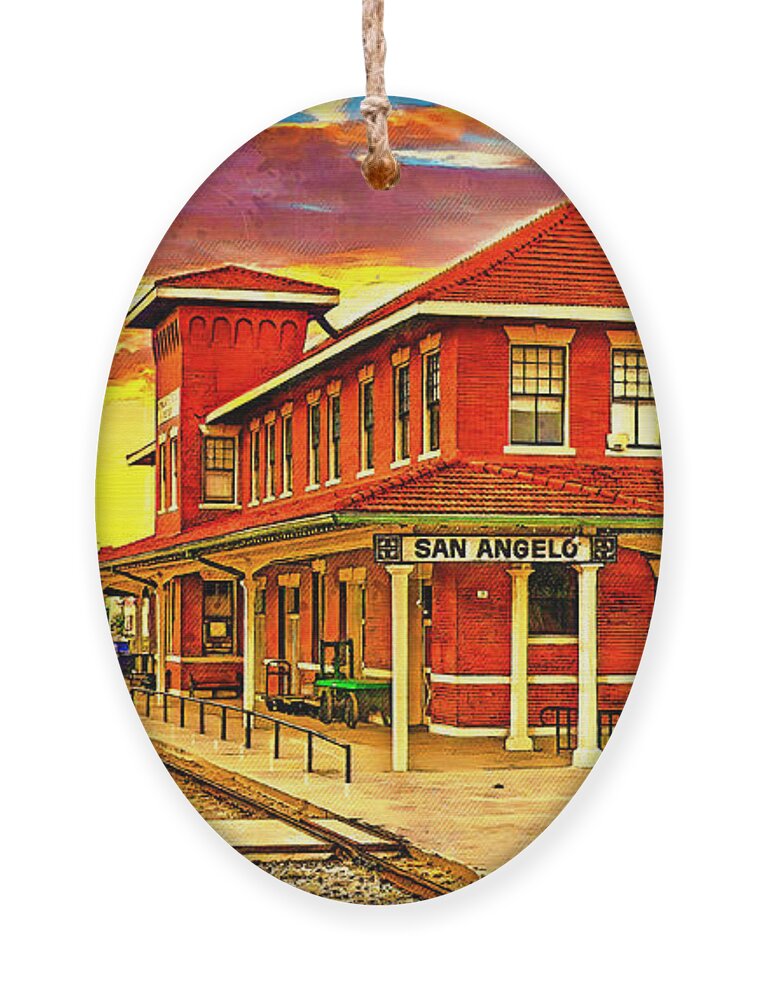 Railway Museum Ornament featuring the digital art Railway Museum of San Angelo, Texas, at sunset - digital painting by Nicko Prints