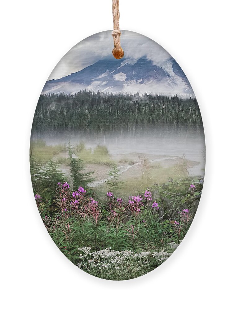 Mountain Ornament featuring the photograph Rainy Day at Mt. Rainier by Shara Abel