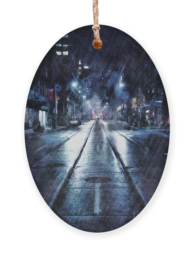 Weather Ornament featuring the digital art Rainy Night Downtown by Phil Perkins