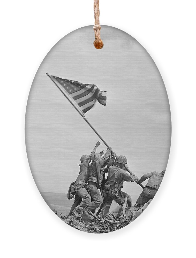 Iwo Jima Ornament featuring the photograph Raising the Flag on Iwo Jima - WW2 - 1945 by War Is Hell Store