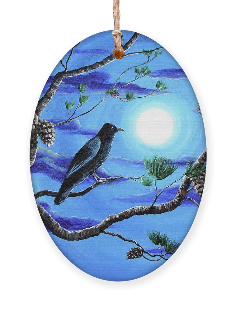 Moon Ornament featuring the painting Raven in Pine Tree Branches by Laura Iverson