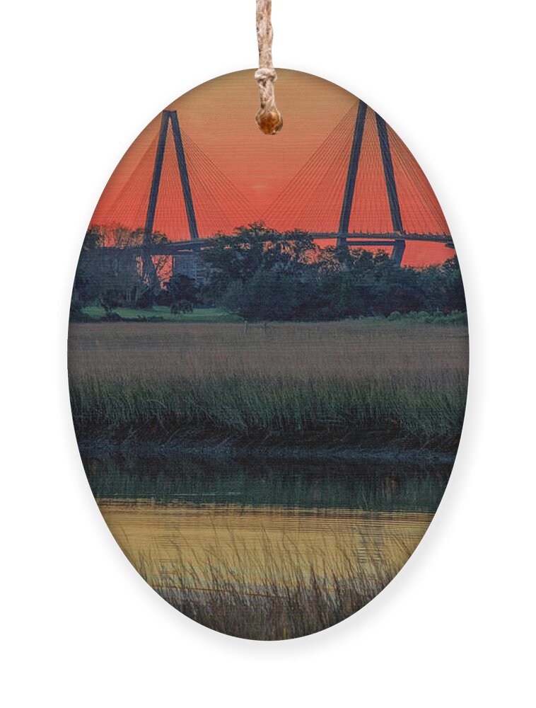 Charleston Ornament featuring the photograph Ravenel Bridge Sunset by Marcy Wielfaert