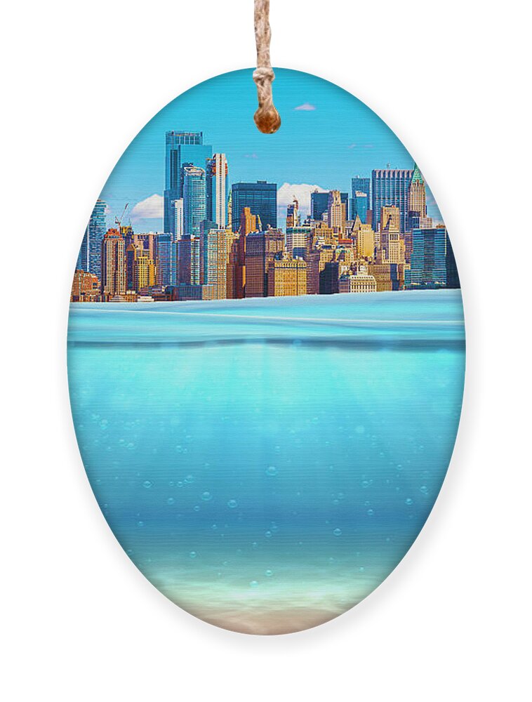 Realistic Ornament featuring the painting Realistic underwater background New York Manhattan Ocean deep water, sea under wat by Tony Rubino
