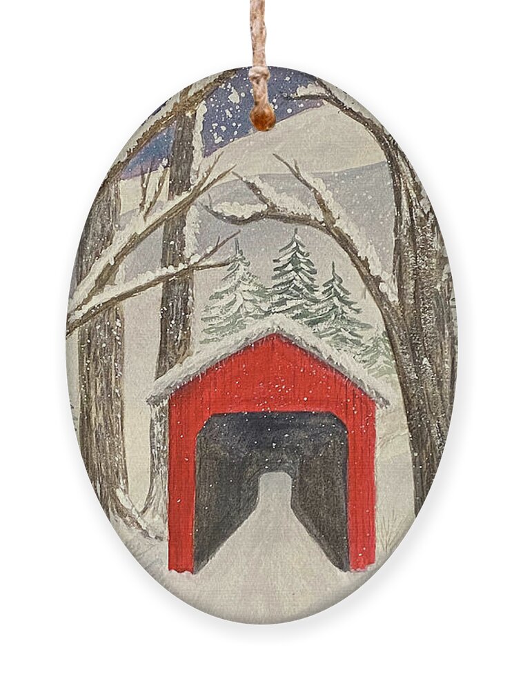 Covered Bridge Ornament featuring the painting Red Bridge in the Snow by Lisa Neuman