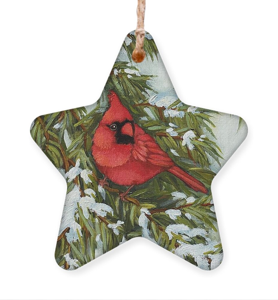 Cardinal Ornament featuring the painting Red cardinal bird on winter spruce branch by Inese Poga