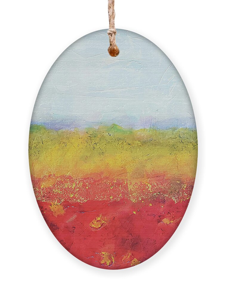Red Earth Ornament featuring the mixed media RED EARTH Abstract Landscape in Red Yellow Blue White by Lynnie Lang