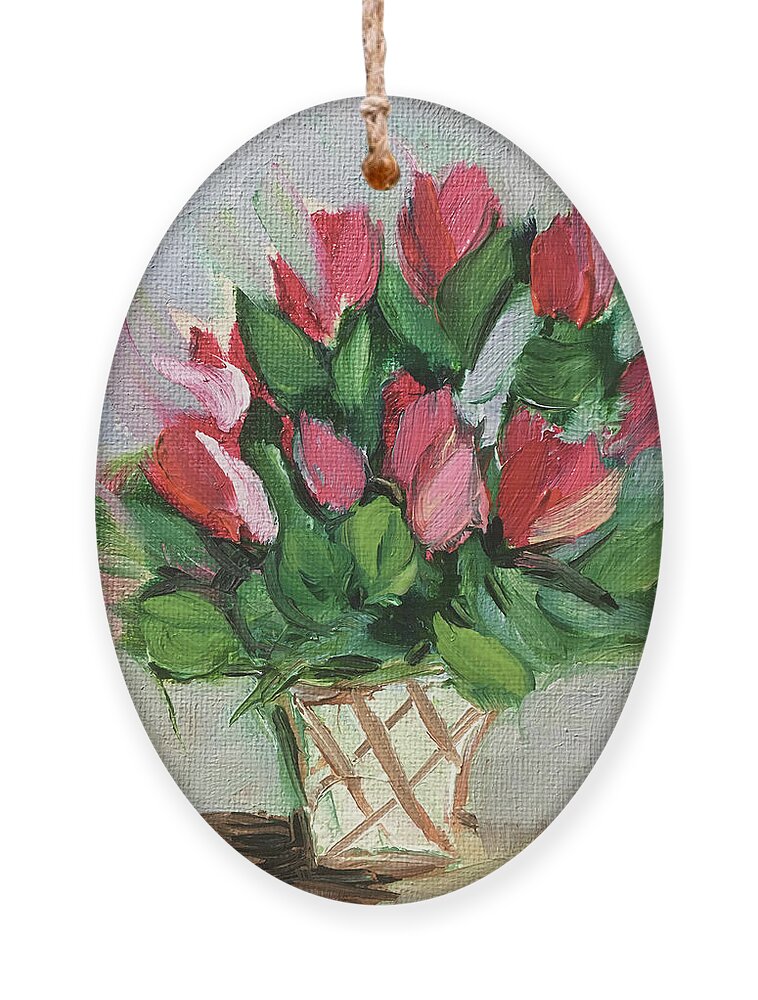 Flowers Ornament featuring the painting Red Flowers in a White Basket by Roxy Rich