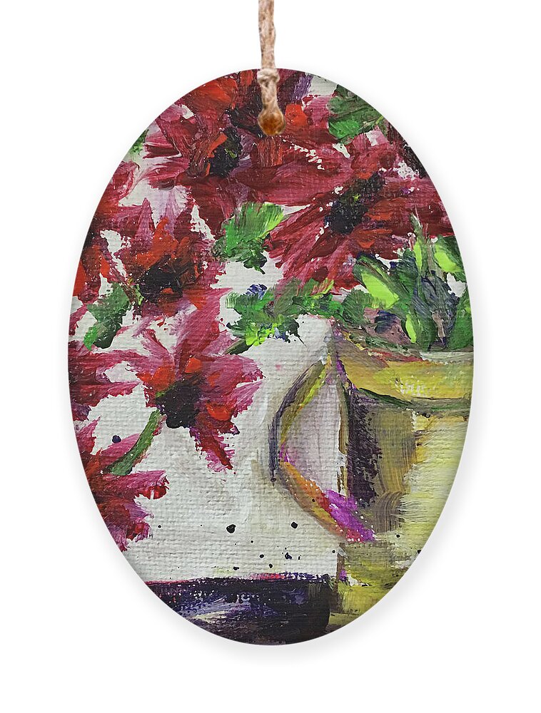 Red Flowers Ornament featuring the painting Red Flowers in a Yellow Pitcher by Roxy Rich