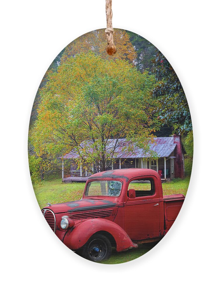 Red Ornament featuring the photograph Red PIckup Truck at the Farm by Debra and Dave Vanderlaan