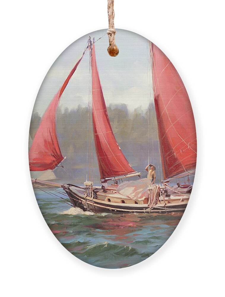 Sailboat Ornament featuring the painting Red Sail Day by Steve Henderson
