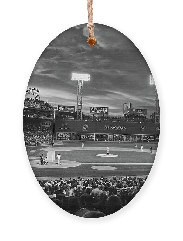 Boston Ornament featuring the photograph Red Sky over Fenway Park Boston MA Black and White by Toby McGuire