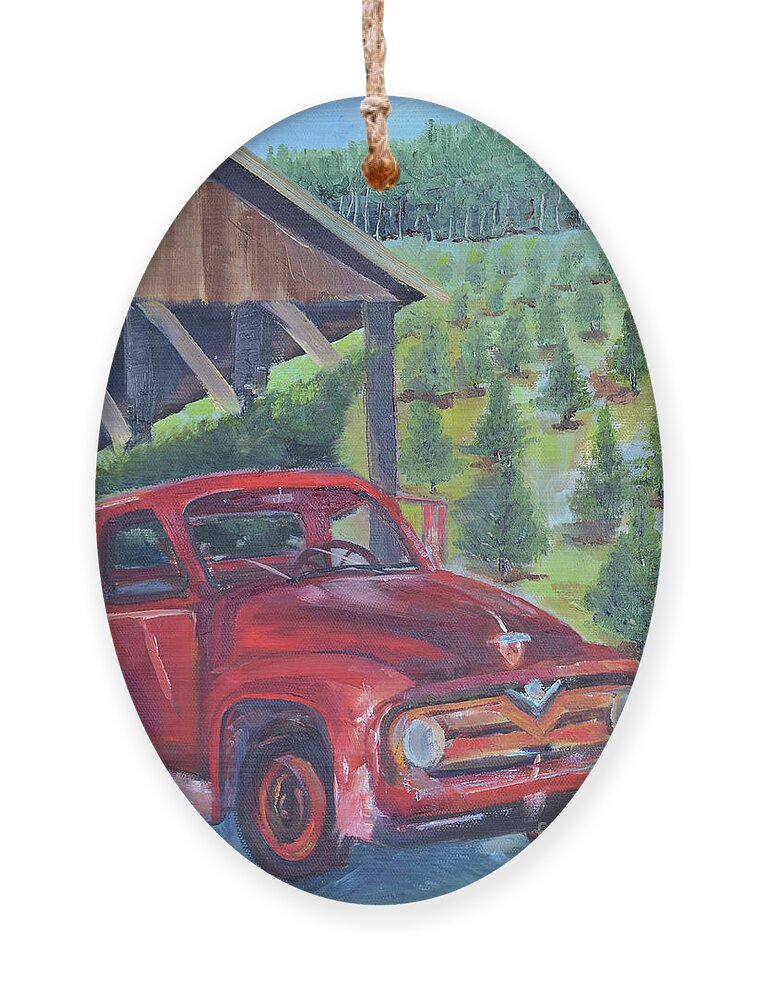 Red Truck Ornament featuring the painting Red Truck - Christmas Tree Farm by Jan Dappen