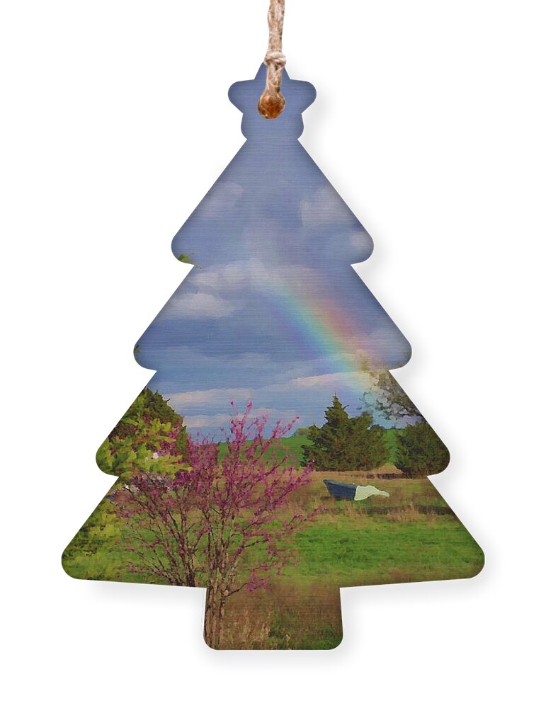 Redbud Tree Ornament featuring the mixed media Redbud Tree and Rainbow by Shelli Fitzpatrick