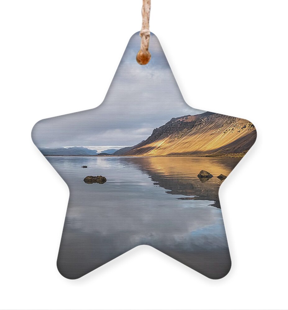 Mountain Ornament featuring the photograph Reflection of an Icelandic mountain and two glaciers by Alexios Ntounas