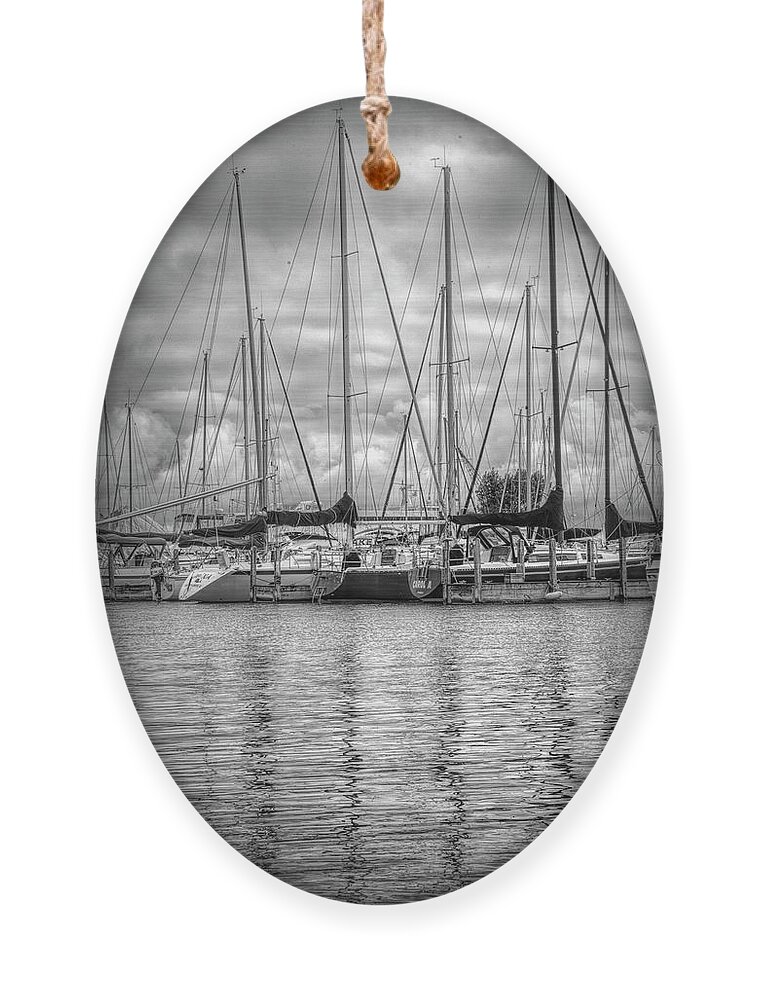 Boats Ornament featuring the photograph Reflections and Boats at the Harbor in Black and White by Debra and Dave Vanderlaan