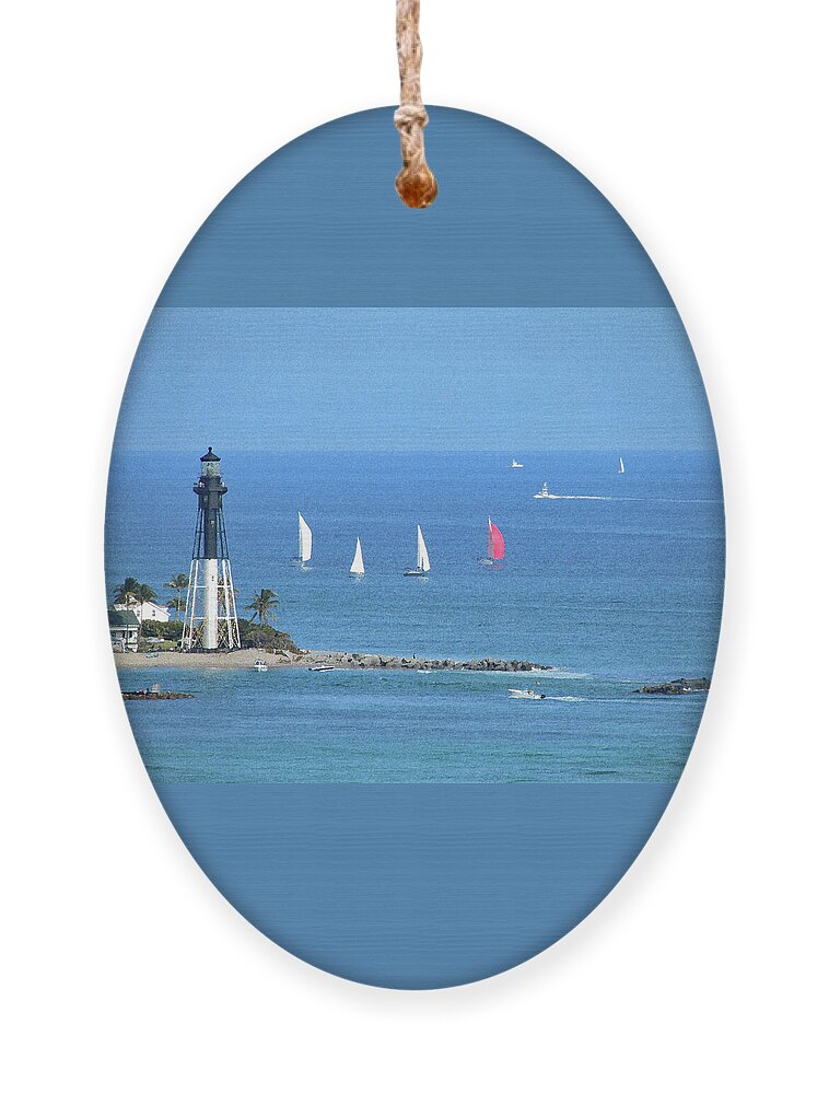 Lighthouse Ornament featuring the painting Regatta at Hillsboro Beach Lighthouse by Corinne Carroll