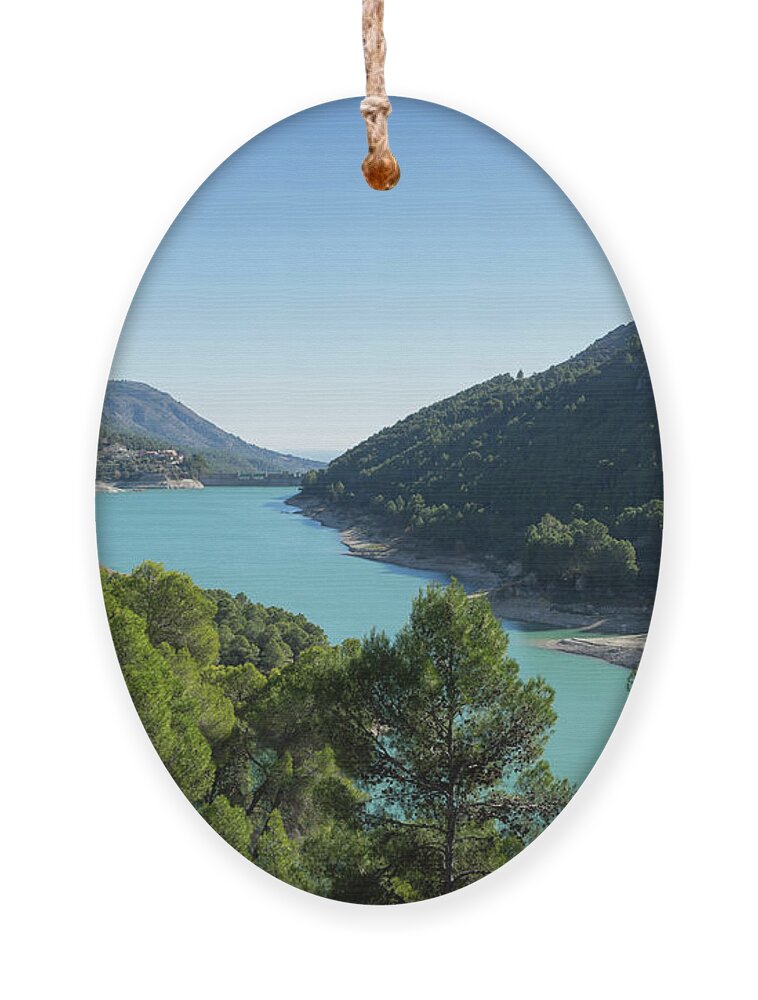 Lake Ornament featuring the photograph Reservoir and castle of Guadalest by Adriana Mueller