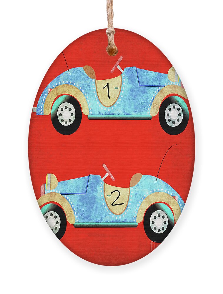 Race Cars Ornament featuring the painting Retro Race Cars by Sannel Larson