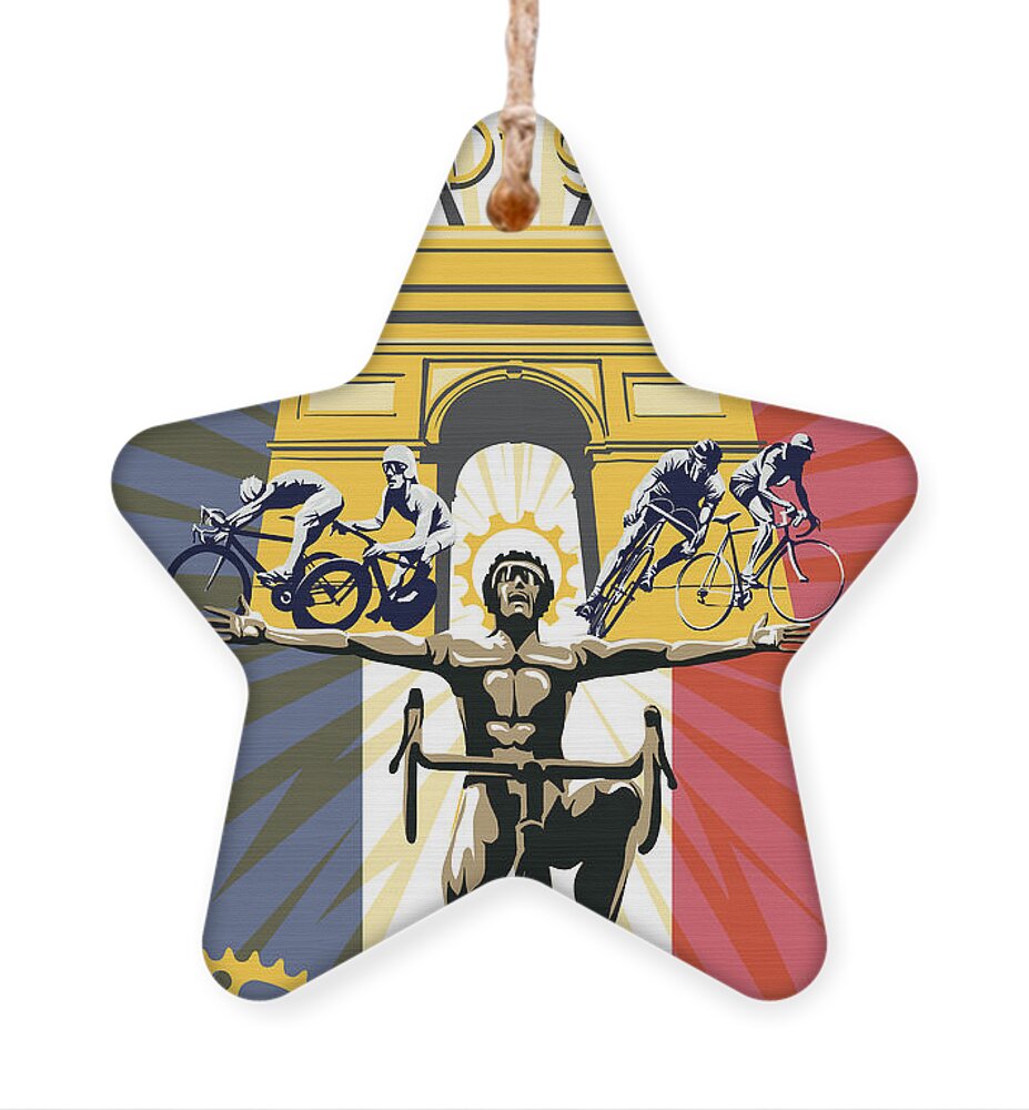 Tour De France Ornament featuring the painting retro Tour de France Arc de Triomphe by Sassan Filsoof
