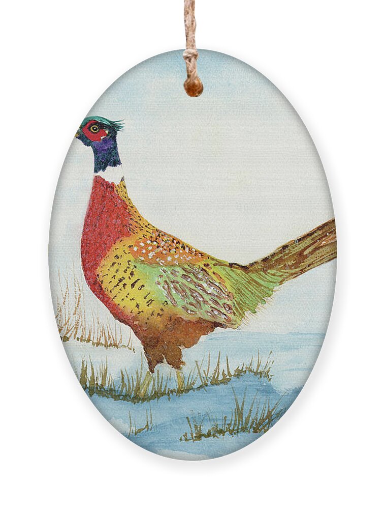 Bird Ornament featuring the painting Ring-Neck Pheasant in the Snow watercolor by Deborah League