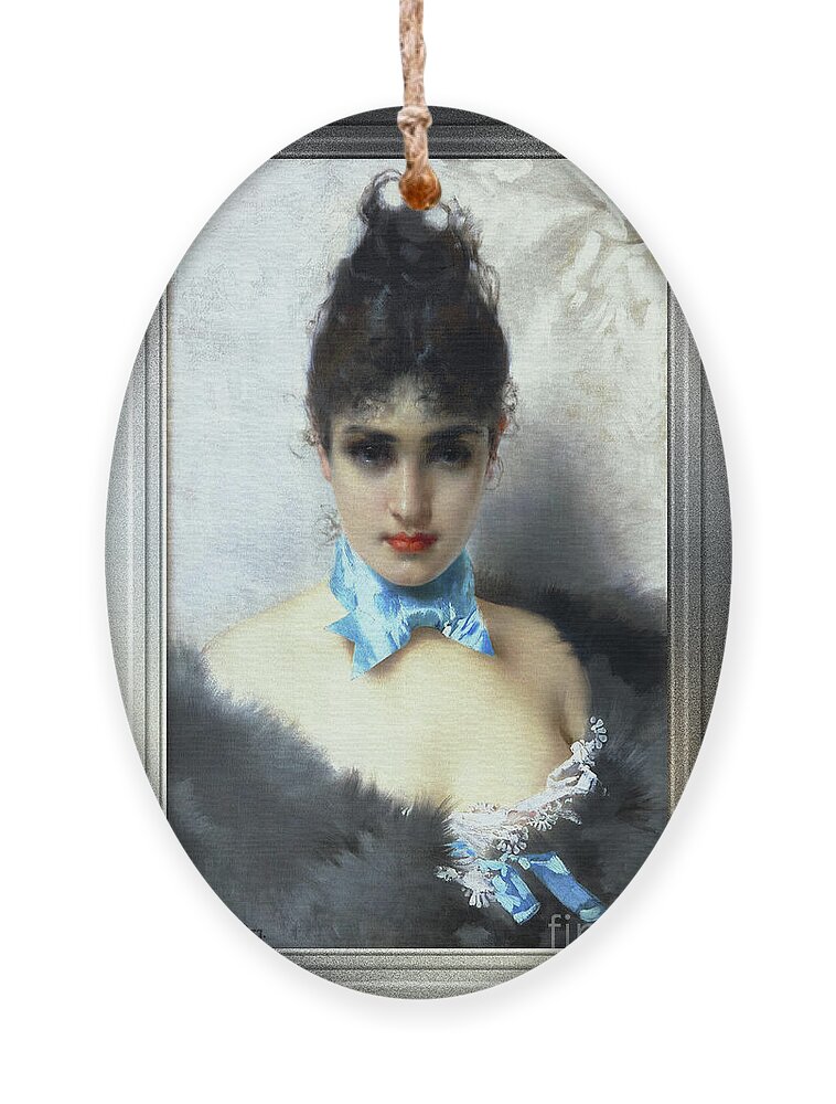 Portrait Of An Elegant Woman Ornament featuring the painting Ritratto Di Donna Elegante by Vittorio Matteo Corcos Classical Art Old Masters Reproduction by Rolando Burbon