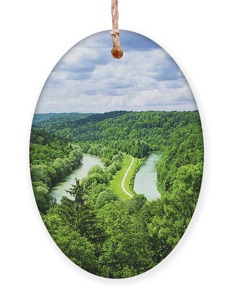Two Ornament featuring the photograph River and path in a valley. by Bernhard Schaffer