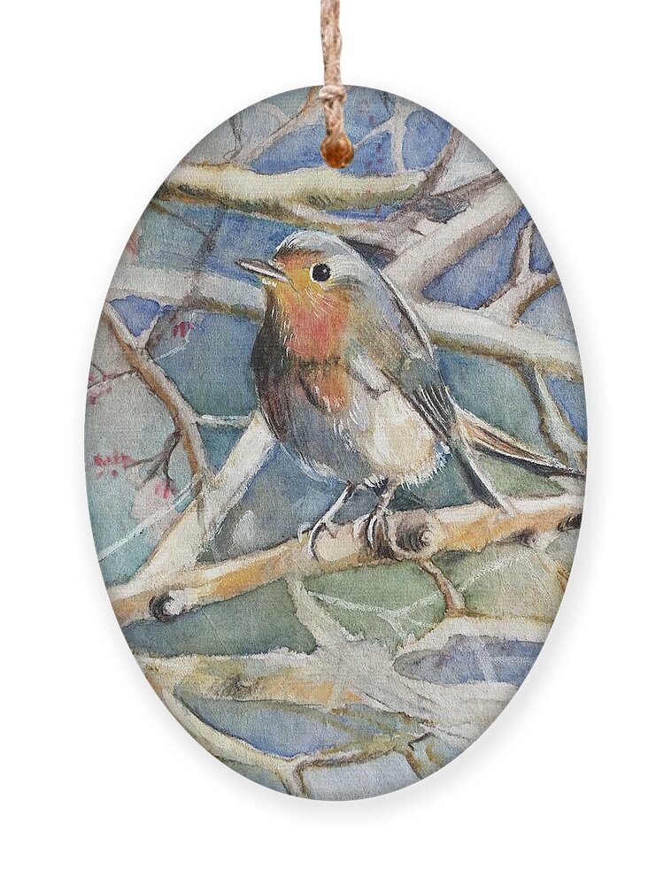Robin Ornament featuring the drawing Robin on a branch by Carolina Prieto Moreno