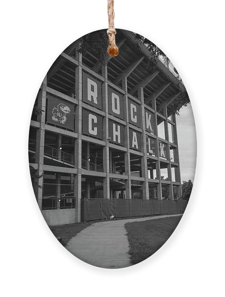 Kansas Jayhawks Stadium Ornament featuring the photograph Rock Chalk at the University of Kansas in black and white by Eldon McGraw