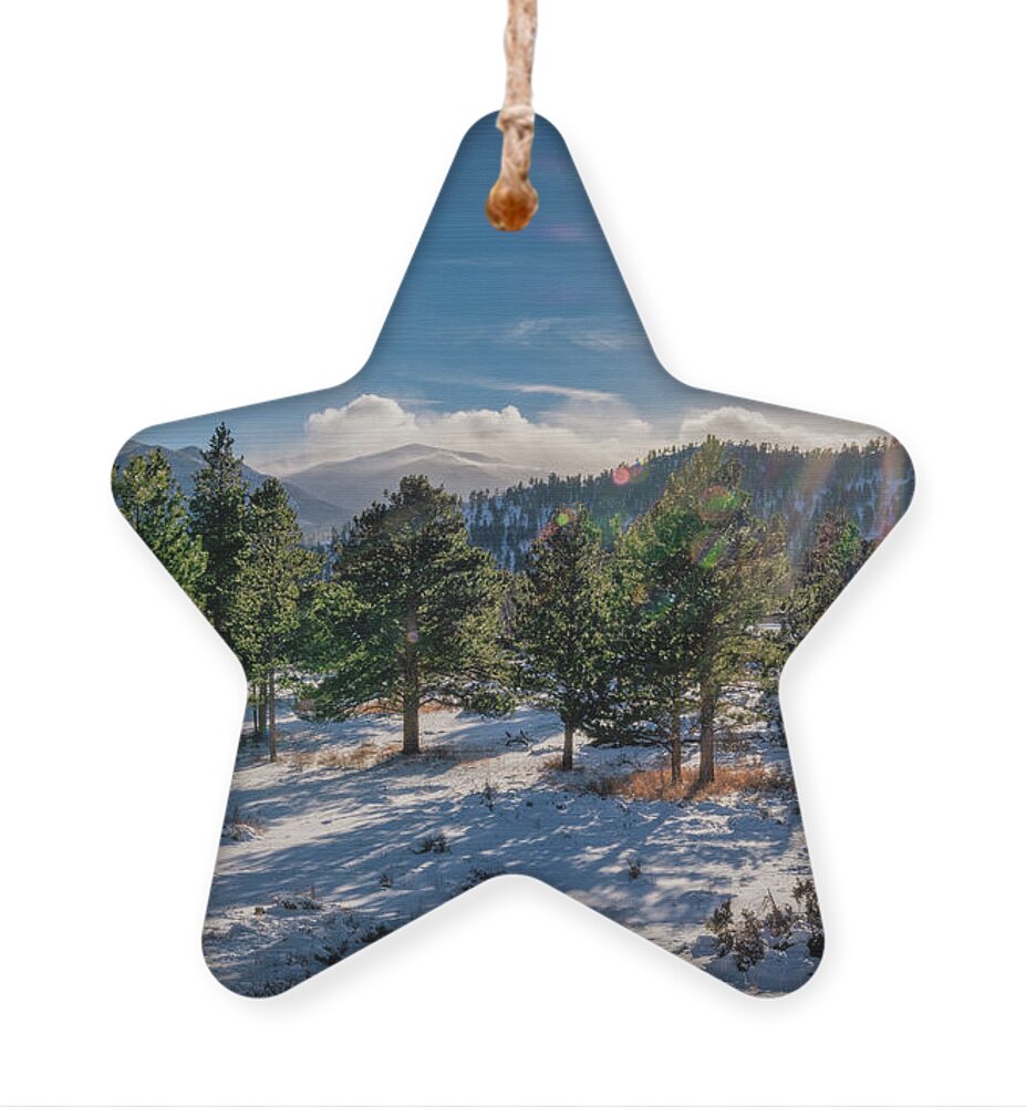 Rocky National Park Ornament featuring the photograph Rock Mountain National Park Sunburst by Abigail Diane Photography