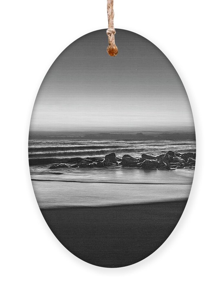 Birds Ornament featuring the photograph Rocky Beach at Dawn Black and White by Debra and Dave Vanderlaan