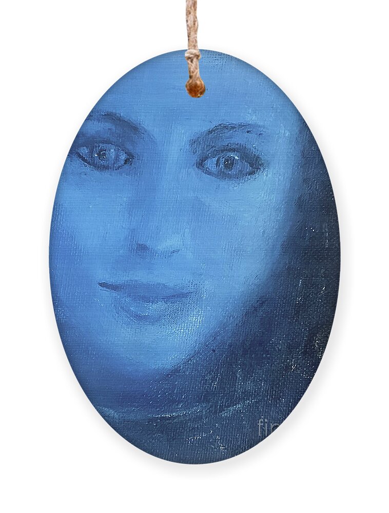 Ryn Singer Ornament featuring the painting Ryn in blue by Shelley Myers