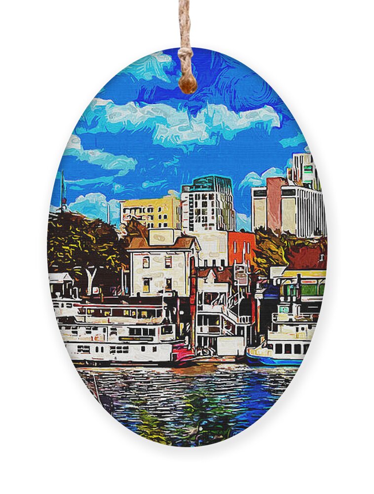 Sacramento Ornament featuring the digital art Sacramento cityscape from the riverwalk - impressionist painting by Nicko Prints