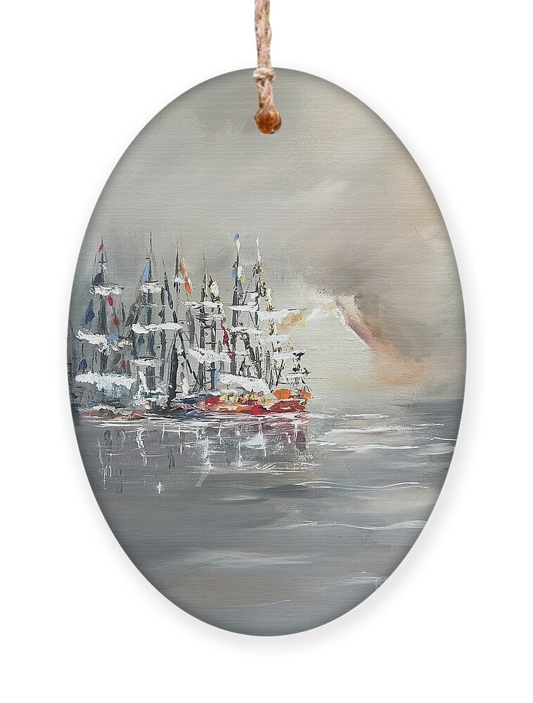 Sailing Boats At Harbor Miroslaw Chelchowski Acrylic Painting Print Ocean Dark Rest Boats Cloudy Seascape Water Gray Ornament featuring the painting Sailing boats at harbor by Miroslaw Chelchowski