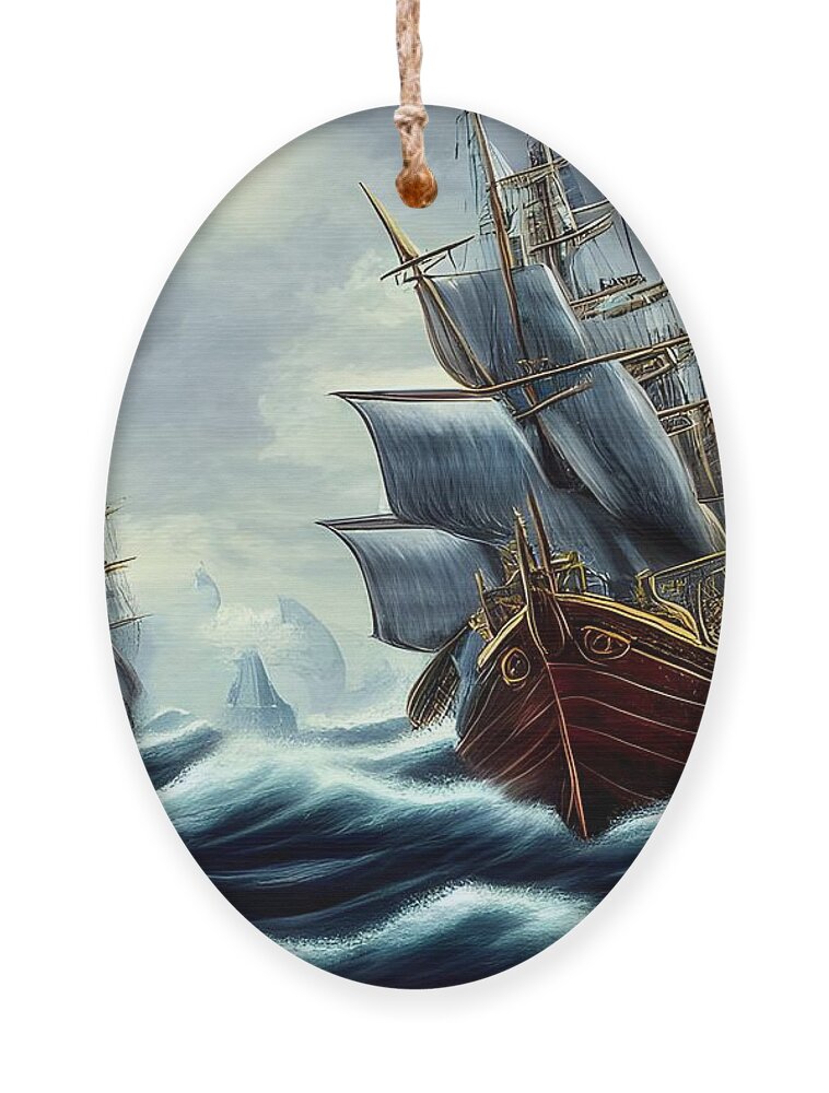 Digital Ornament featuring the digital art Sailing Ships on a Stormy Sea by Beverly Read