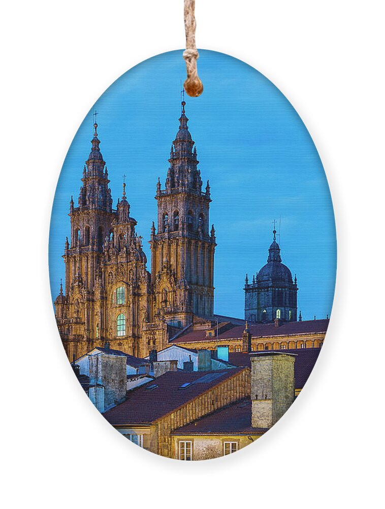 Way Ornament featuring the photograph Santiago de Compostela Cathedral Spectacular View by Night and Tiled Roofs La Coruna Galicia by Pablo Avanzini