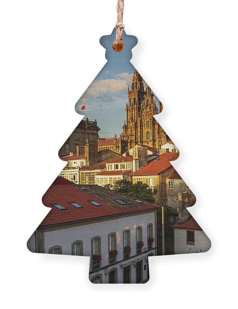 Way Ornament featuring the photograph Santiago de Compostela Cathedral Spectacular View with Sun Light Hitting the facade and Tiled Roofs La Corua Galicia by Pablo Avanzini