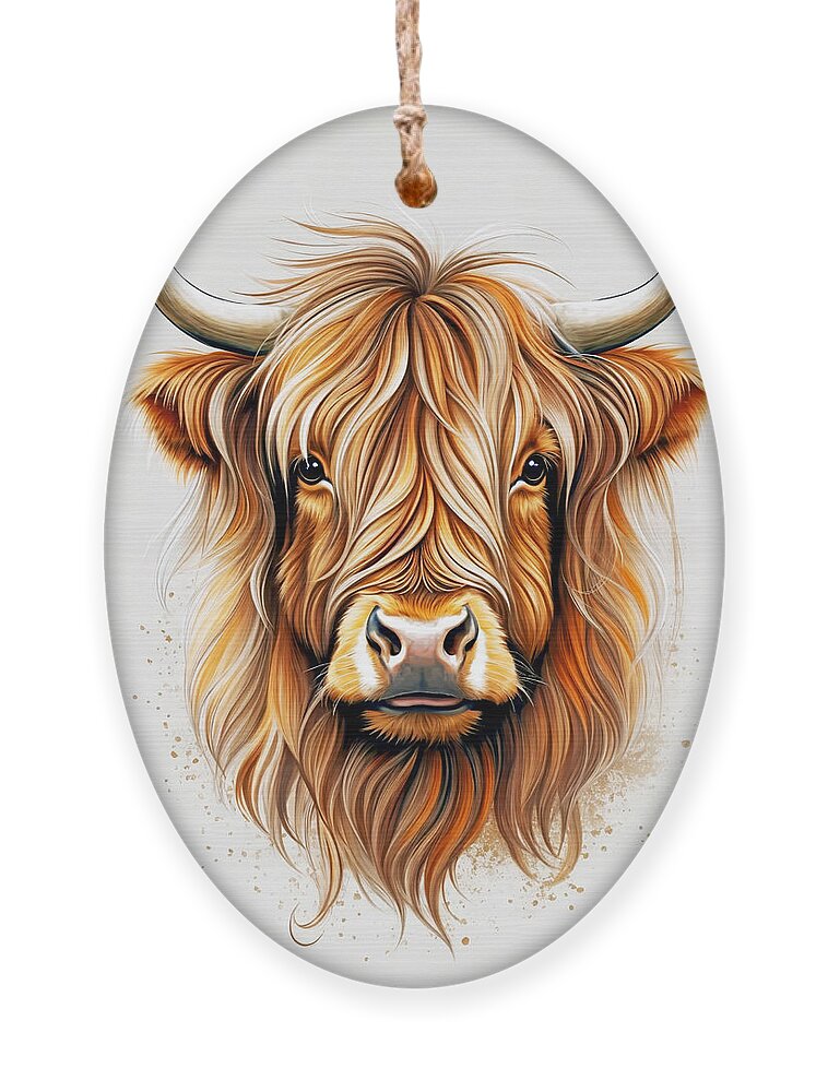 Scottish Highland Cow Ornament featuring the digital art Scottish Highland Cow Head-shot Ai by Grant Glendinning