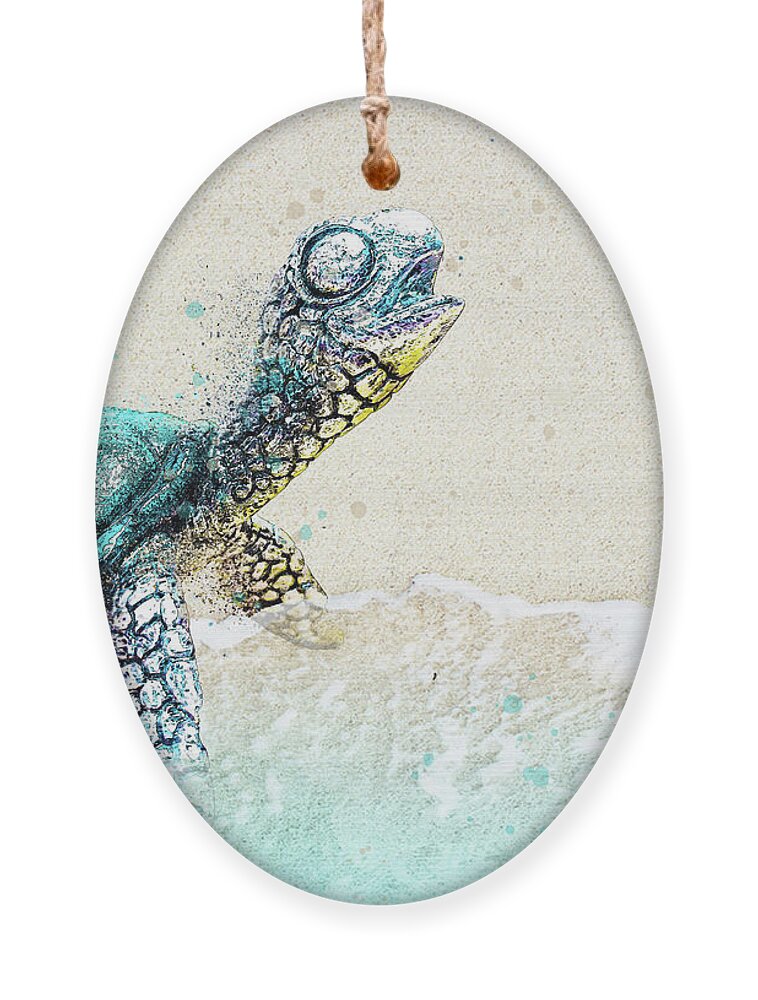 Sea Turtle On Beach Ornament featuring the digital art Sea Turtle on Beach by Pamela Williams