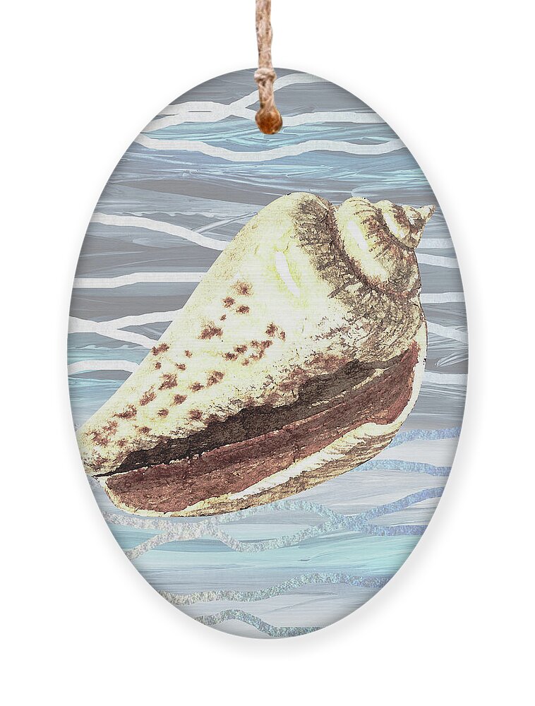 Shell Ornament featuring the painting Seashell On Teal Blue Beach House Nautical Painting Decor VIII by Irina Sztukowski