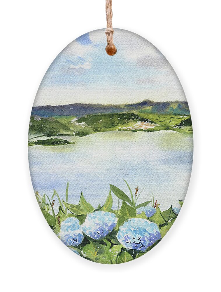 Sete Cidades Ornament featuring the painting Sete Cidades in Azores Sao Miguel Painting by Dora Hathazi Mendes