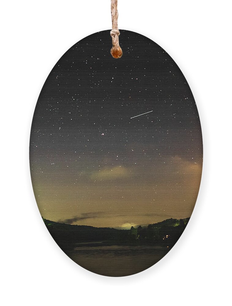 Night Ornament featuring the photograph Shooting Star Over The Upper Delaware River - Barryville NY Shohola PA Bridge by Amelia Pearn