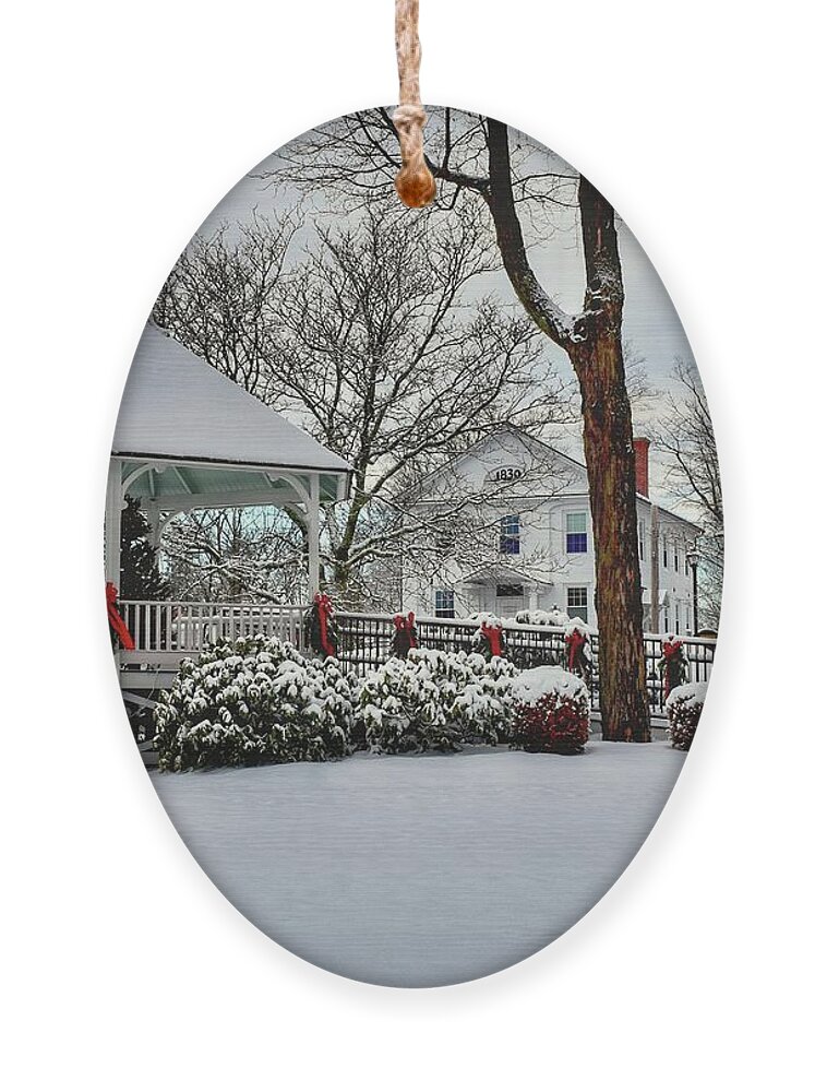 Shrewsbury Ornament featuring the photograph Shrewsbury Town Common covered in snow by Monika Salvan
