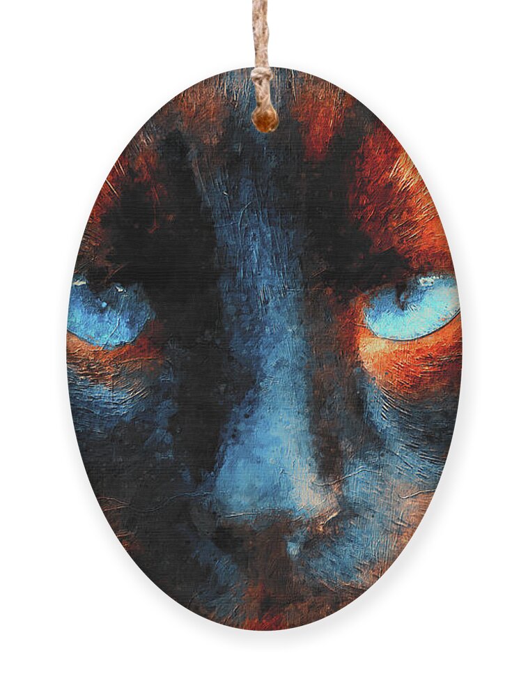 Siamese Cat Ornament featuring the digital art Siamese cat face close-up - blue and orange digital painting by Nicko Prints