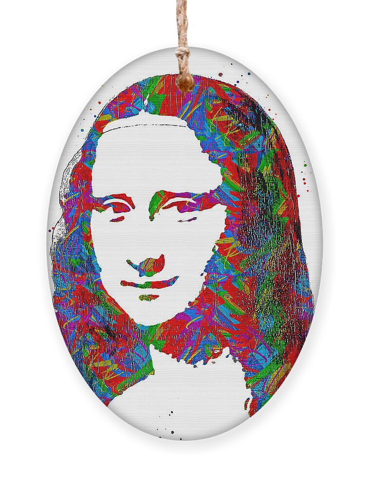 Mona Lisa Ornament featuring the digital art Simple Mona Lisa colorful portrait with greens, reds and blues on white background by Nicko Prints